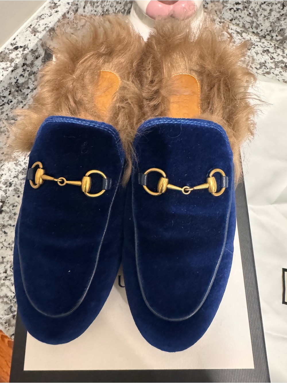 Gucci Navy Velvet Fur-Lined Horsebit Slide Loafers